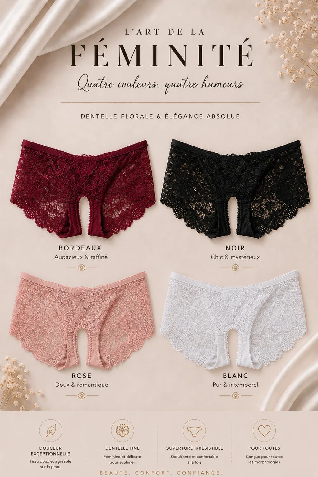 Lot de 4 culottes ouvertes en dentelle