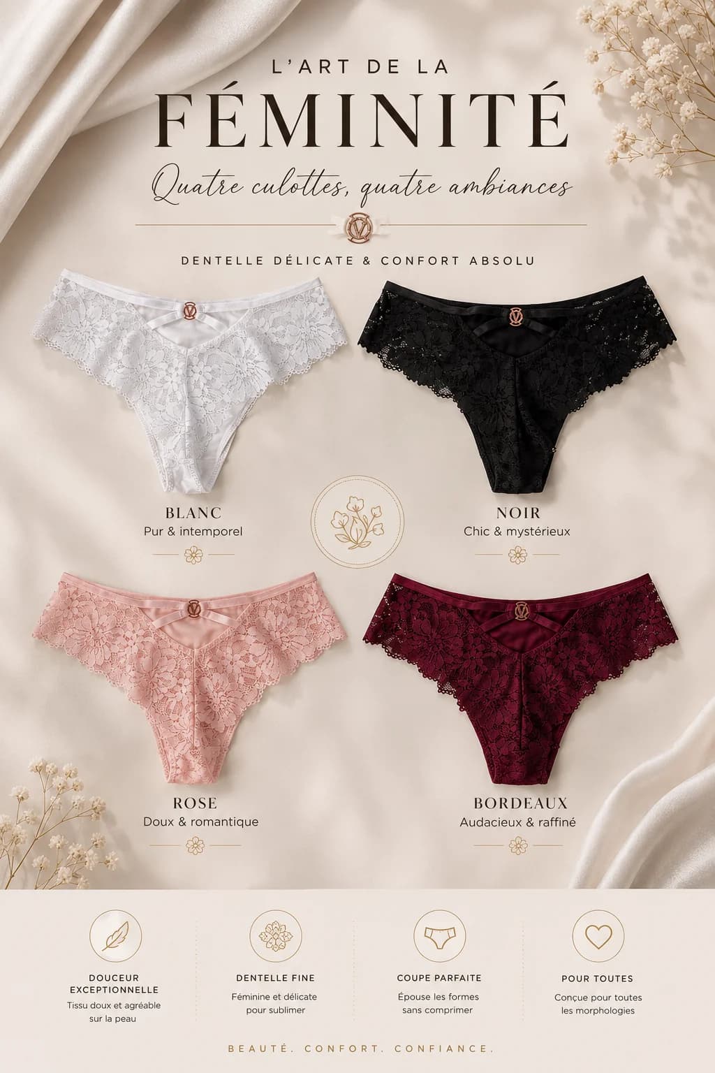 Lot de 4 culottes Élégance en dentelle