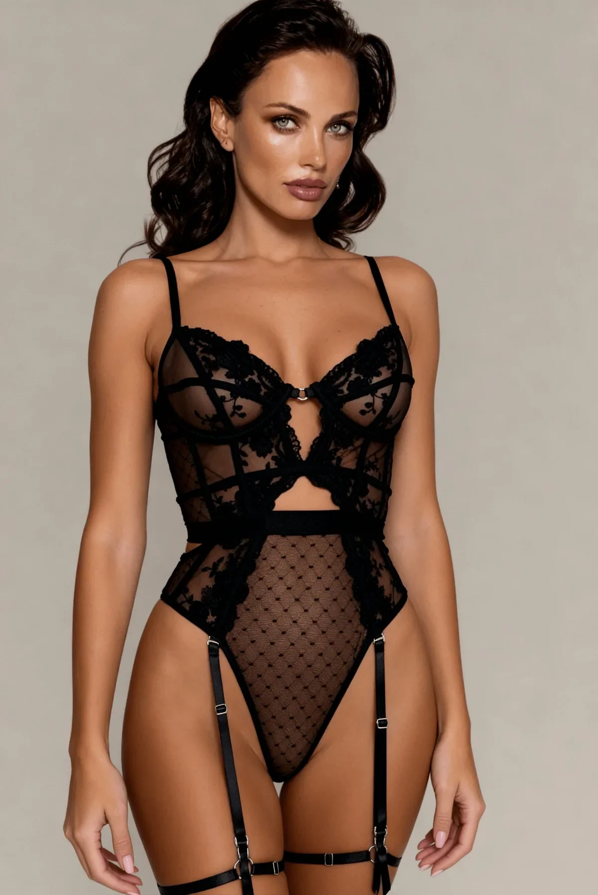 Body noir en dentelle à jarretelles