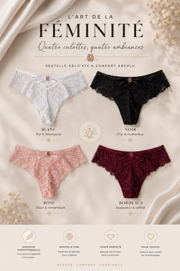 💖 Lot de 4 Culottes Dentelle Élégance™ – Confort Absolu & Effet Galbant Naturel ✨