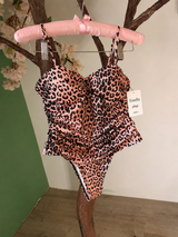 Maillot de Bain 1 Pièce Push-Up Froncé Femme – Noir, Blanc & Léopard Rose ✨🖤🤍🐆