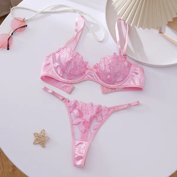 Ensembles Lingerie Brodée Fleurie Transparente – Soutien-Gorge & Tanga | 5 Coloris