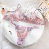 Ensembles Lingerie Fleur de Printemps – Dentelle Brodée Mauve Pastel