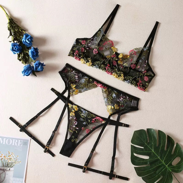 Ensembles Lingerie Brodée Florale Estella avec Porte-Jarretelles