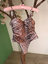 Maillot de Bain 1 Pièce Push-Up Froncé Femme – Noir, Blanc & Léopard Rose ✨🖤🤍🐆