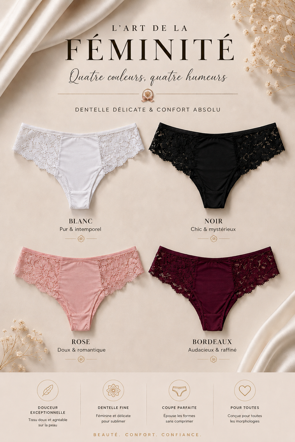 💖 Lot de 4 Culottes Dentelle Élégance™ – Confort Absolu & Effet Galbant Naturel ✨