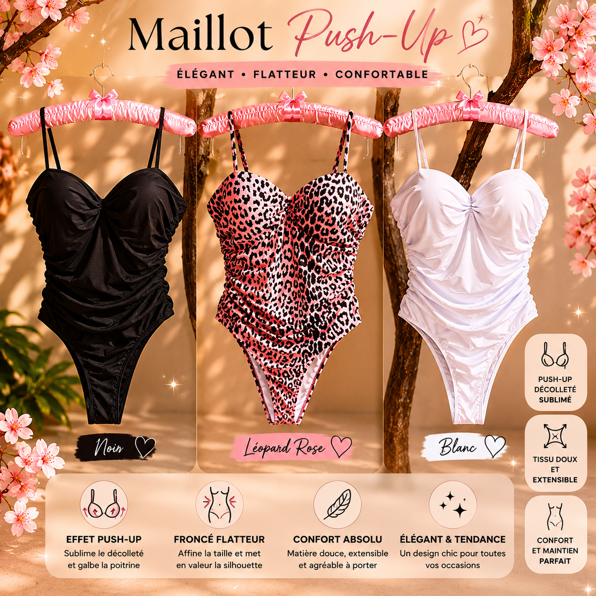 Maillot de Bain 1 Pièce Push-Up Froncé Femme – Noir, Blanc & Léopard Rose ✨🖤🤍🐆