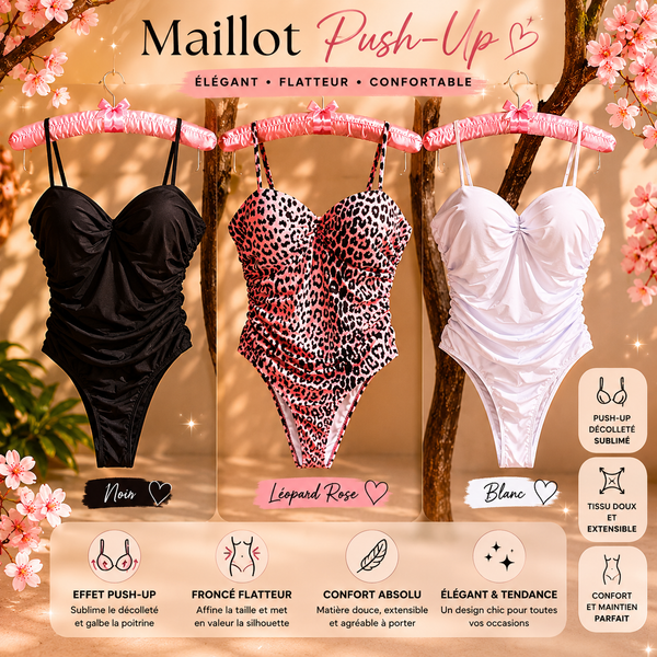 Maillot de Bain 1 Pièce Push-Up Froncé Femme – Noir, Blanc & Léopard Rose ✨🖤🤍🐆
