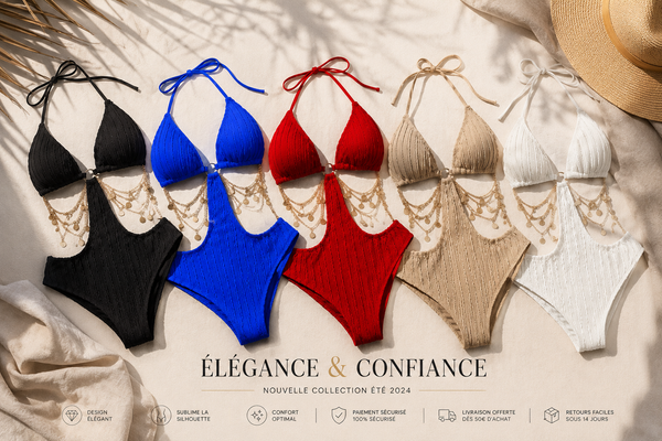 Maillot de Bain 1 Pièce Découpé avec Chaînes Dorées – Collection Élégance