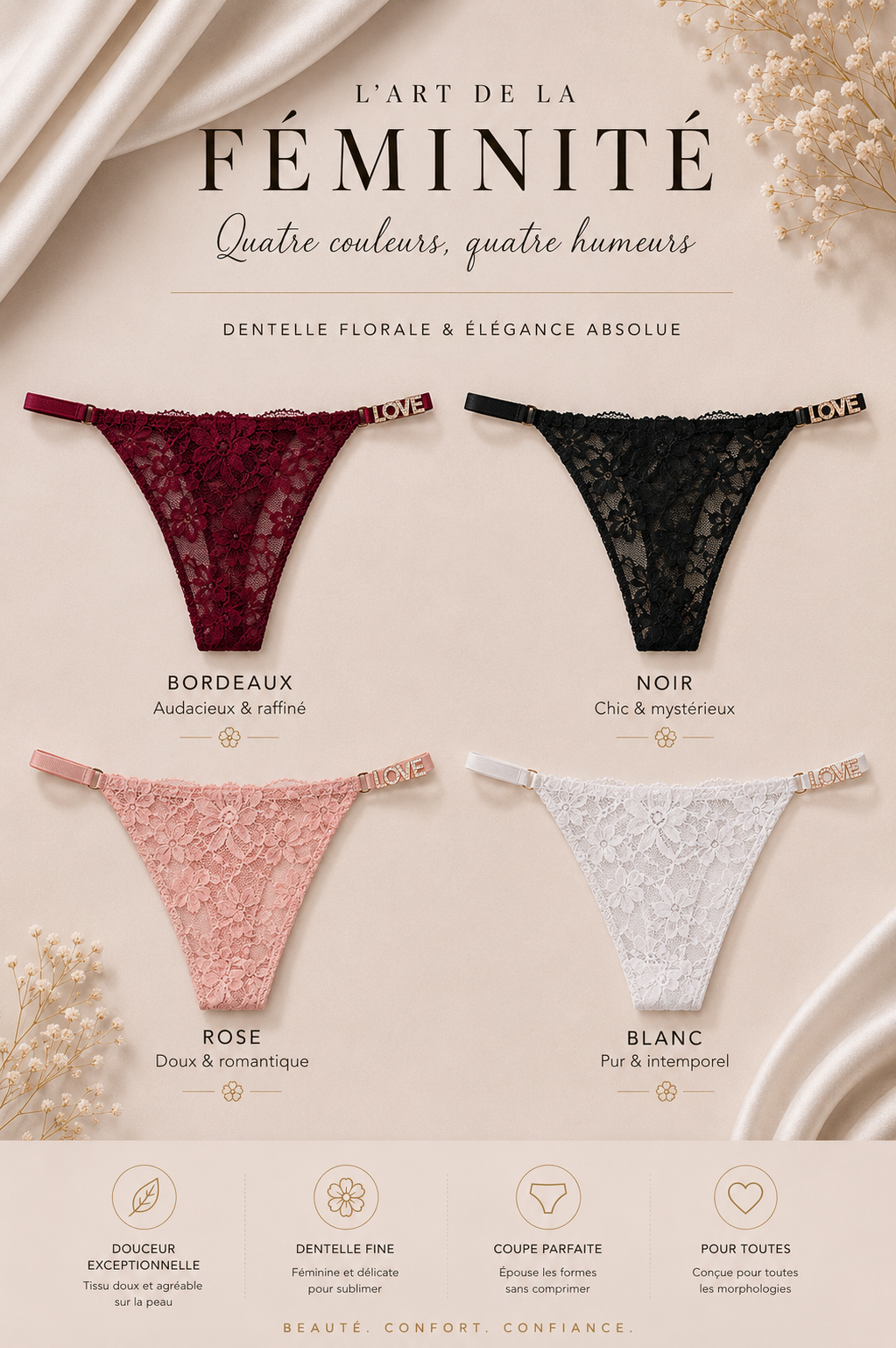 💖 Lot de 4 Strings Dentelle LOVE™ – Sexy, Confortables & Ultra Féminins ✨