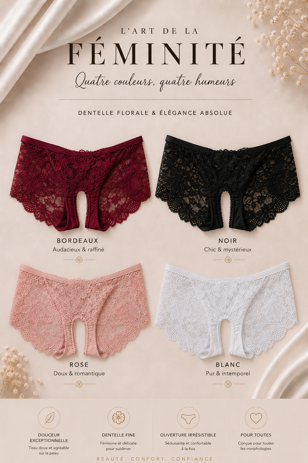 ❤️ Culotte Ouverte en Dentelle – Effet Fesses Rebondies | Lot de 4