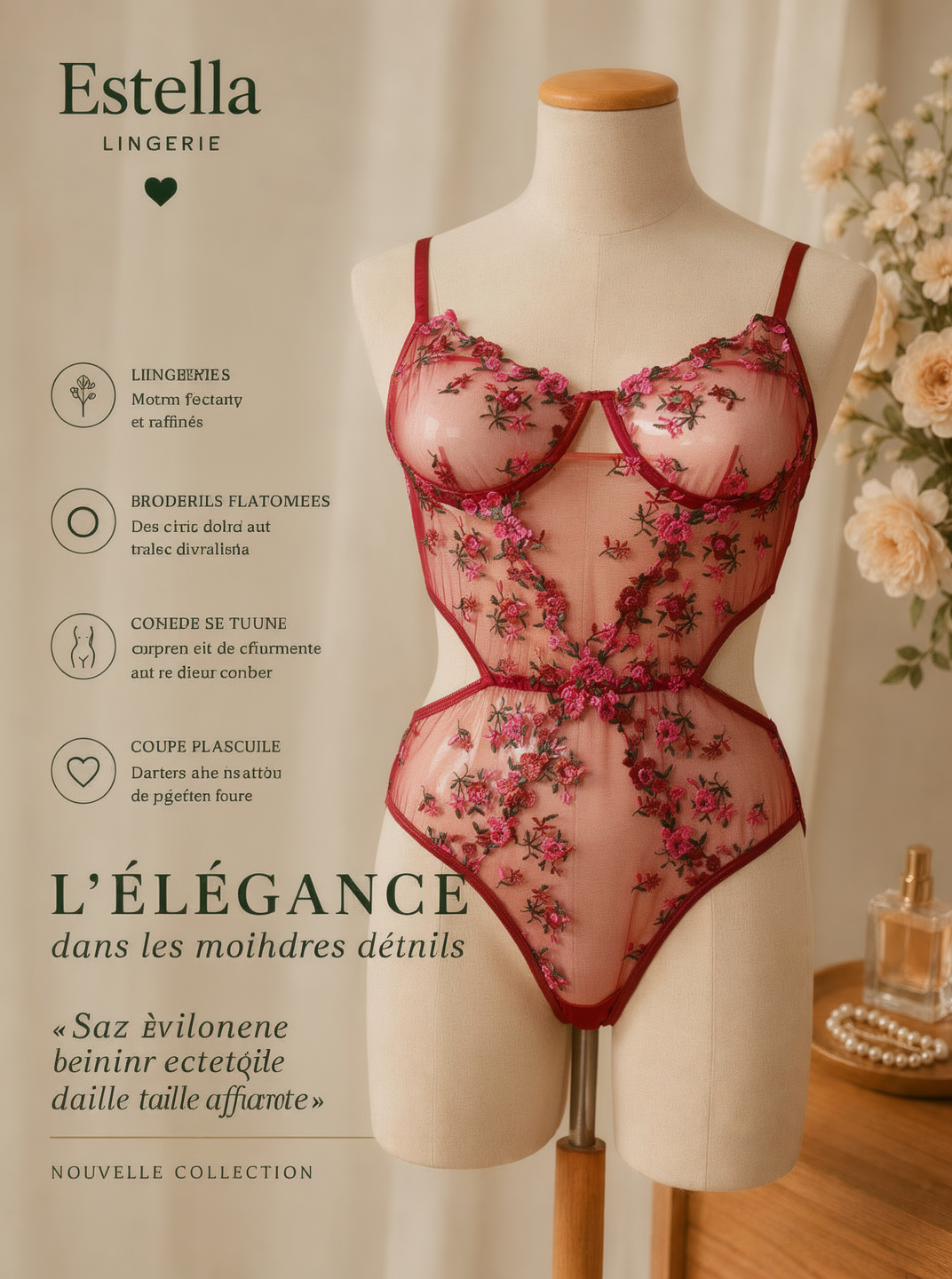 Body Estella – Tulle Brodé Floral Rouge